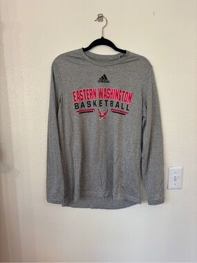 adidas Gray Long Sleeve Eastern Washington Basketball Tee with Red Accent